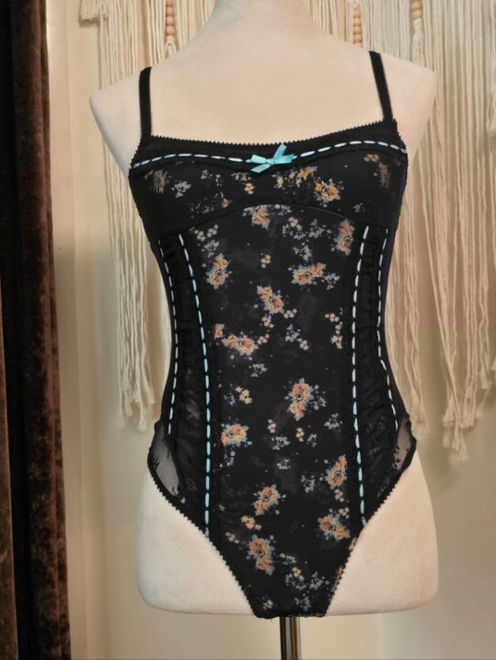 Free People Black Floral Lace Bodysuit with Blue Trim